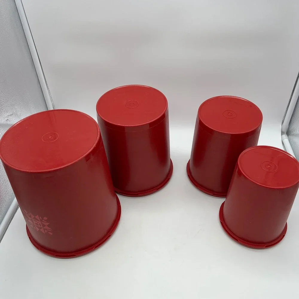 Tupperware Servalier Canister Set 4pc Red Tulip Quilt Vintage 70s Sunburst Lid